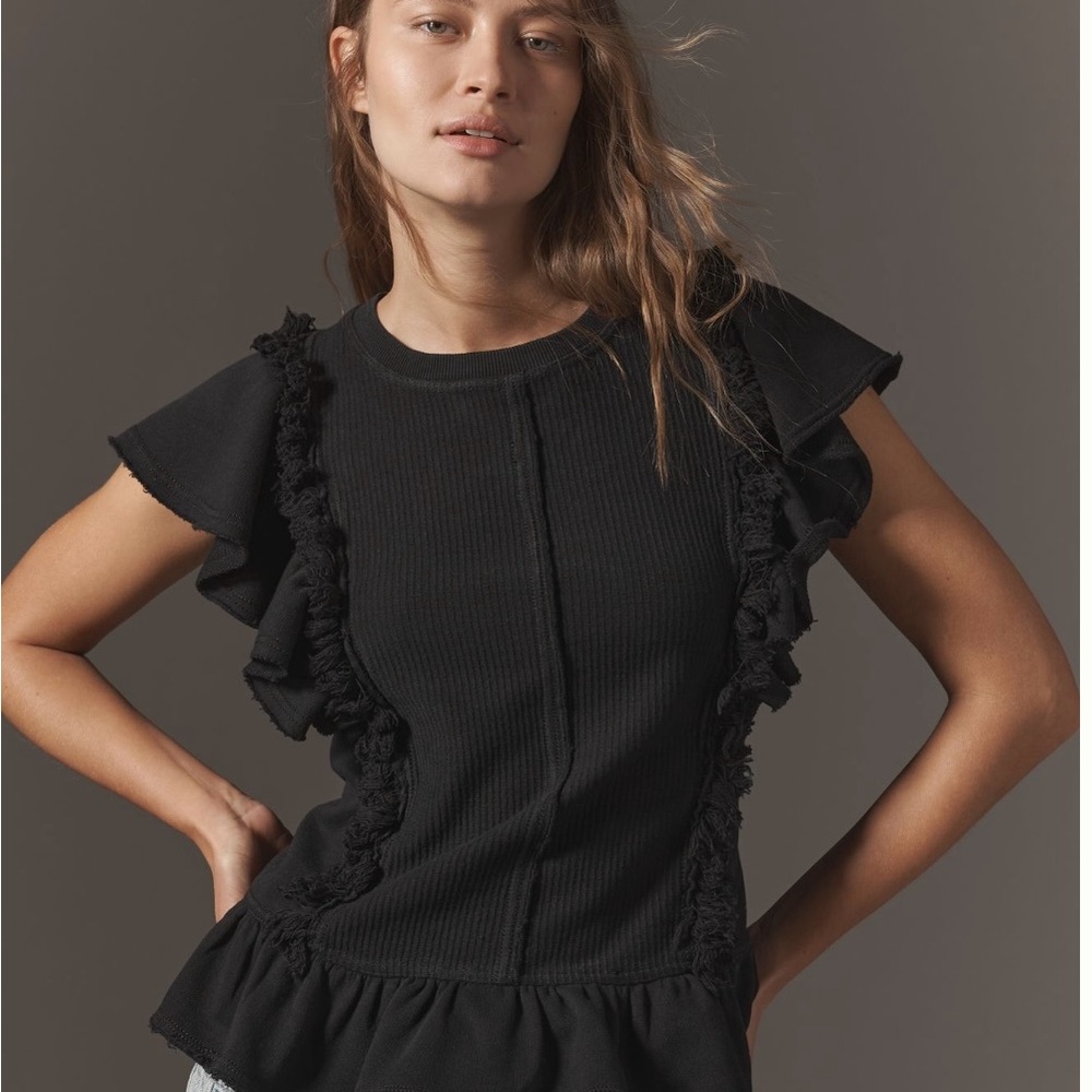 Pilcro by Anthropologie short sleeved ruffle fringe sweatshirt - Picture 2 of 6